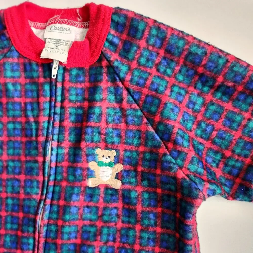 🧸 Vintage Carter’s 90s Fleece Pajamas – 4T Plaid Footed Sleepwear w/ Teddy Bear